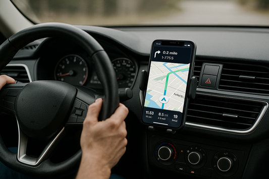 support de téléphone dans l'aeration d'une voiture avec une personne qui conduit et on voir le gps sur le télephone